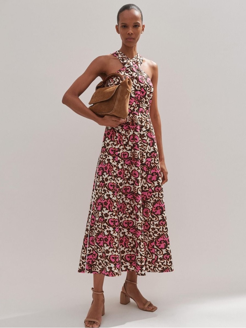 ME+EM NWT Women's Pink Linen Blend Baroque Print Midi maxi Dress Smocked Sz 10